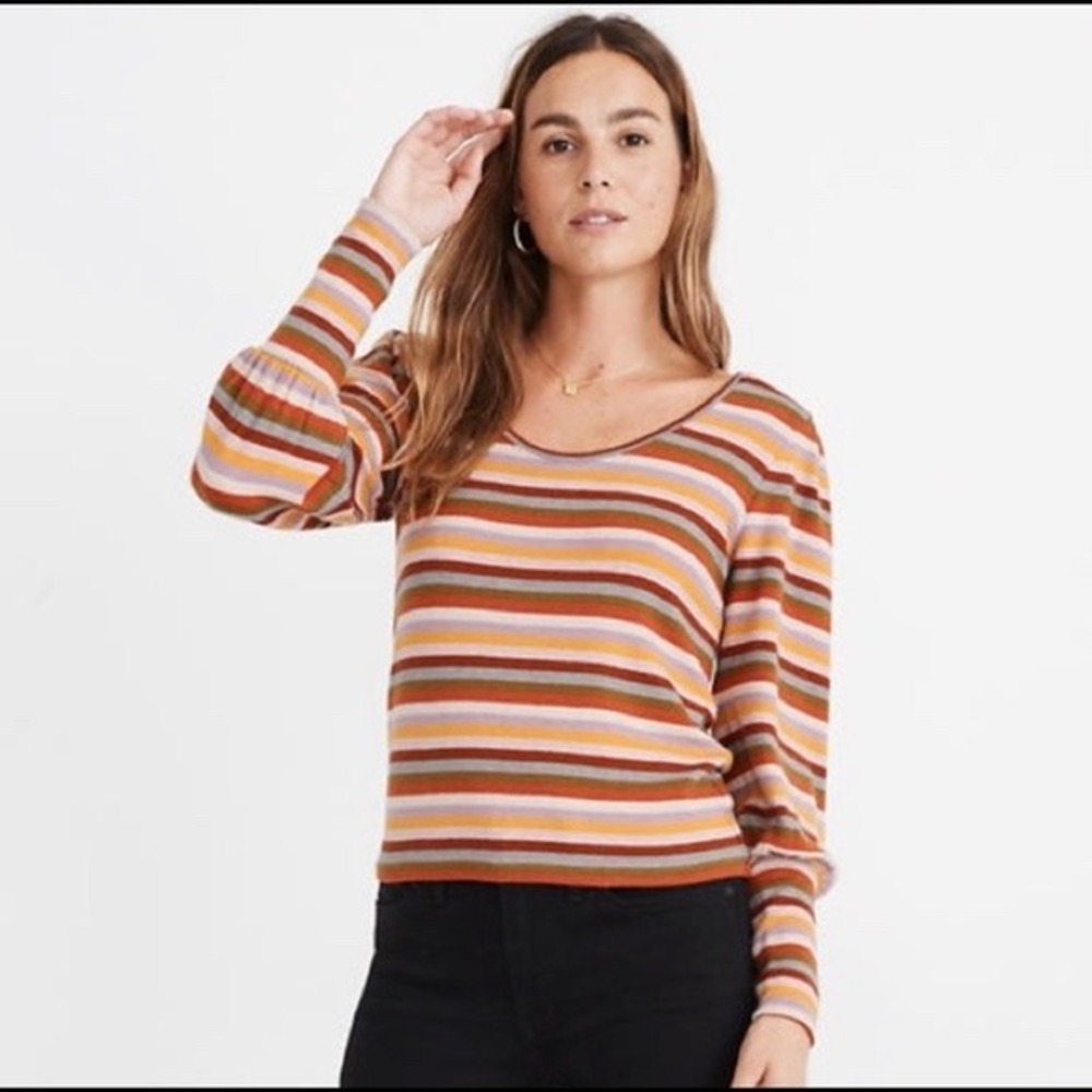 Madewell Striped Scoop Neck Long Puff Sleeve Knit Top Multi Color‎ Size L
